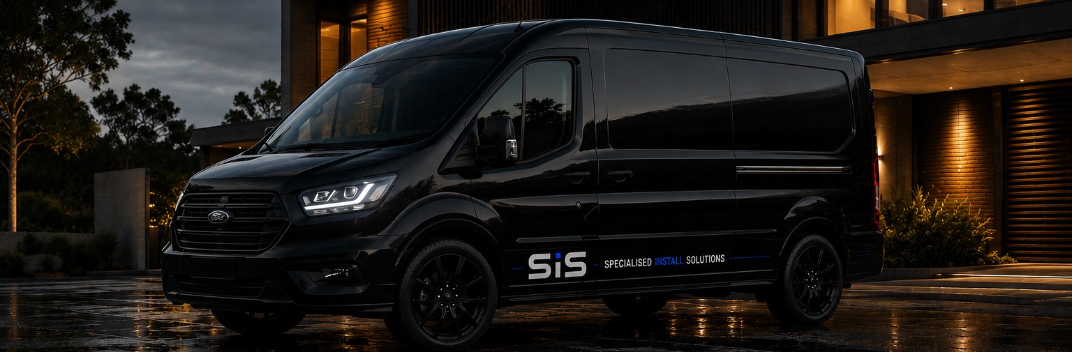 Black SIS-branded installation van parked outside a modern home at dusk